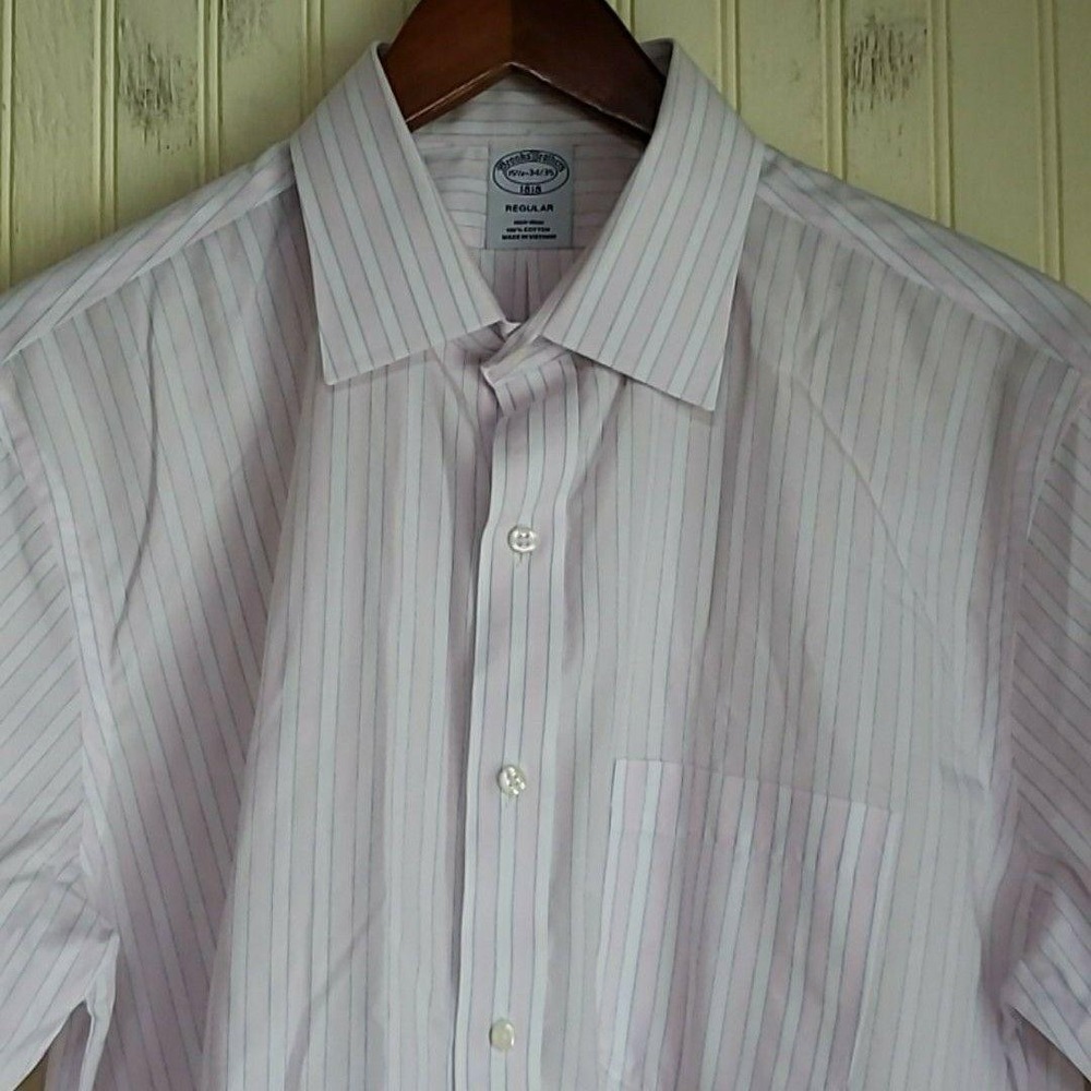 Brooks Brothers Dress Shirt Mens 15.5 34/35 Pink Stripe‎ Regular Non Iron Cotton